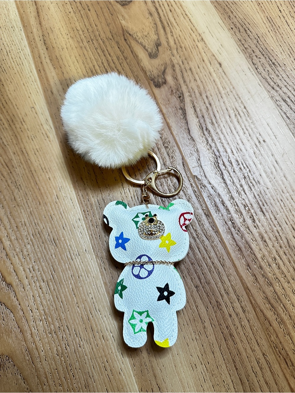 White Bear Pom Pom Keychain with Multicolor Stars